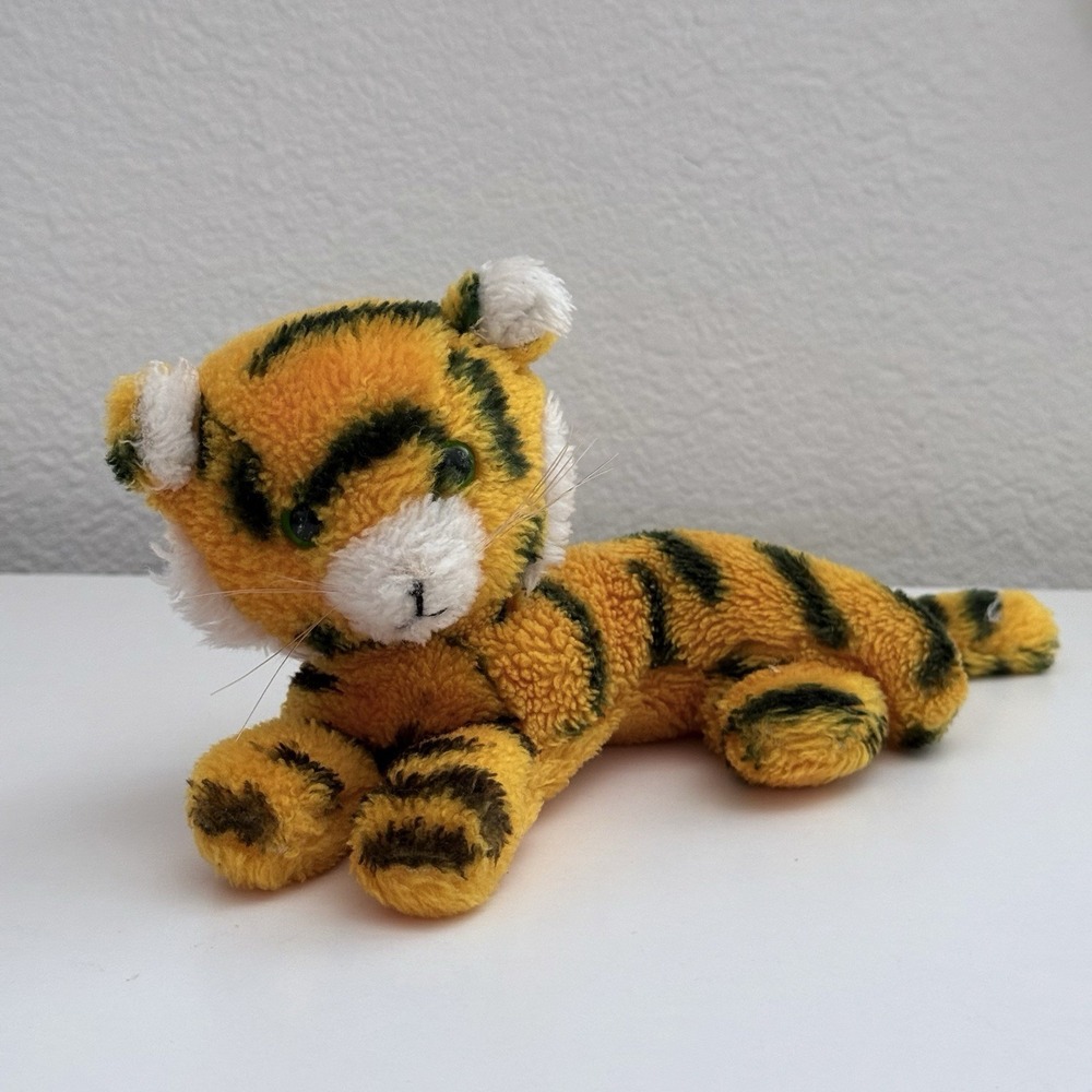 Vintage Dakin Orange and Black Tiger Plush Stuffed Toy Green Eyes 10" 1970s